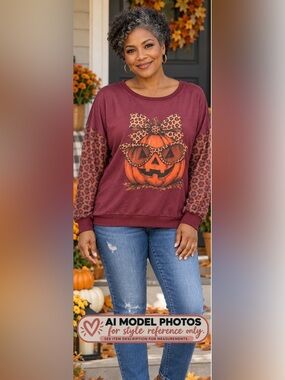 Halloween Graphic Sweatshirt Pumpkin Animal Print Sleeve Top Size XL- New withou